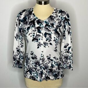 White House Black Market Teal Floral Print Rhinestone Button Crop Cardigan